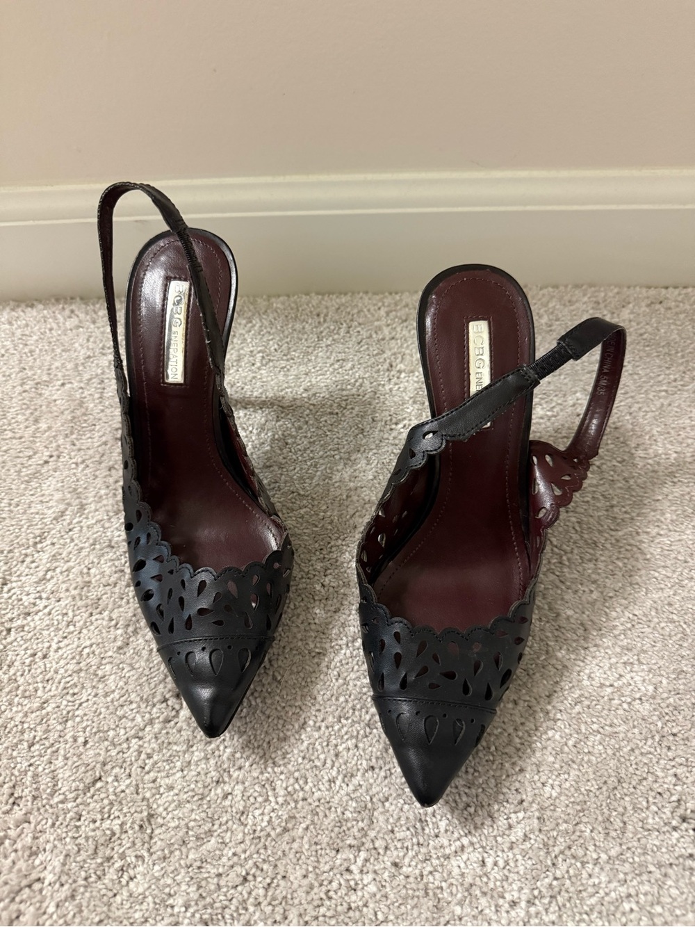 BCBGeneration Black Laser-Cut Pointed Slingback Heels